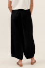 Black Shirred Wide Waistband Casual Textured Linen Pants