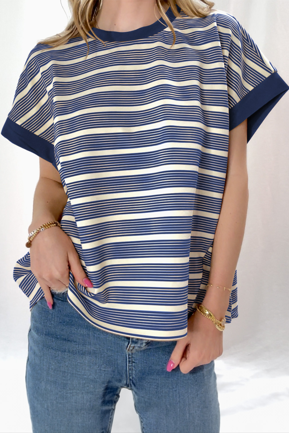Blue Stripe Stripe Top - Light Taupe