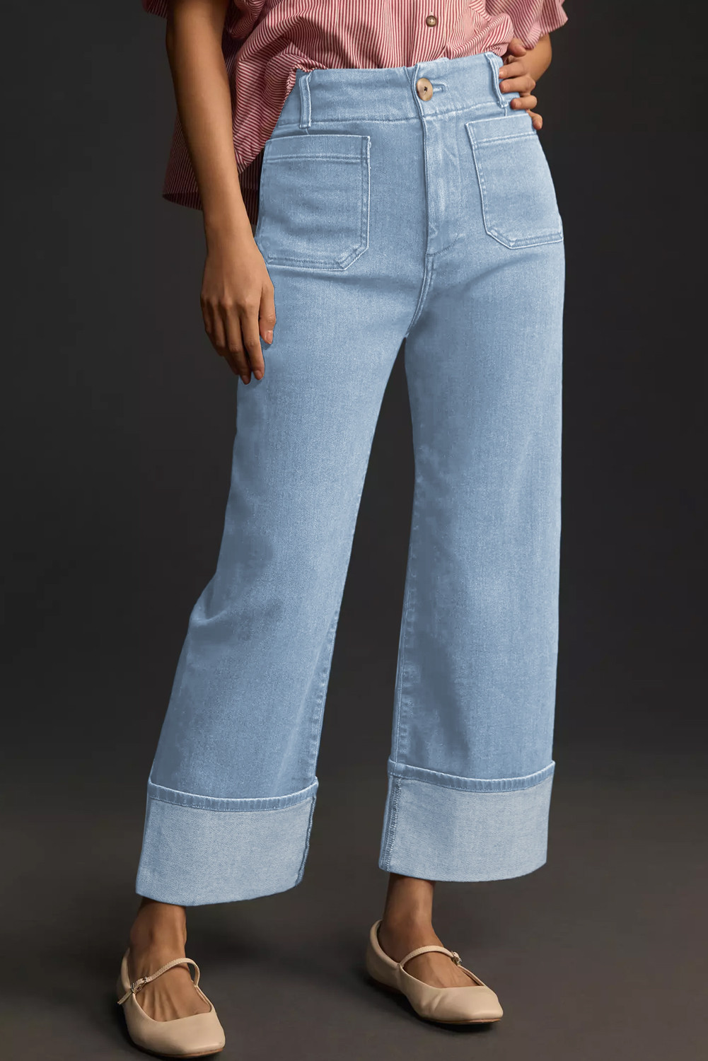 EVALESS Womens Minimalist High Waisted Jeans Stretchy Loose Fitted Cuffed Wide Leg Trouser Denim Bottom Pants 2025 Trendy womenswear Basic Outfits