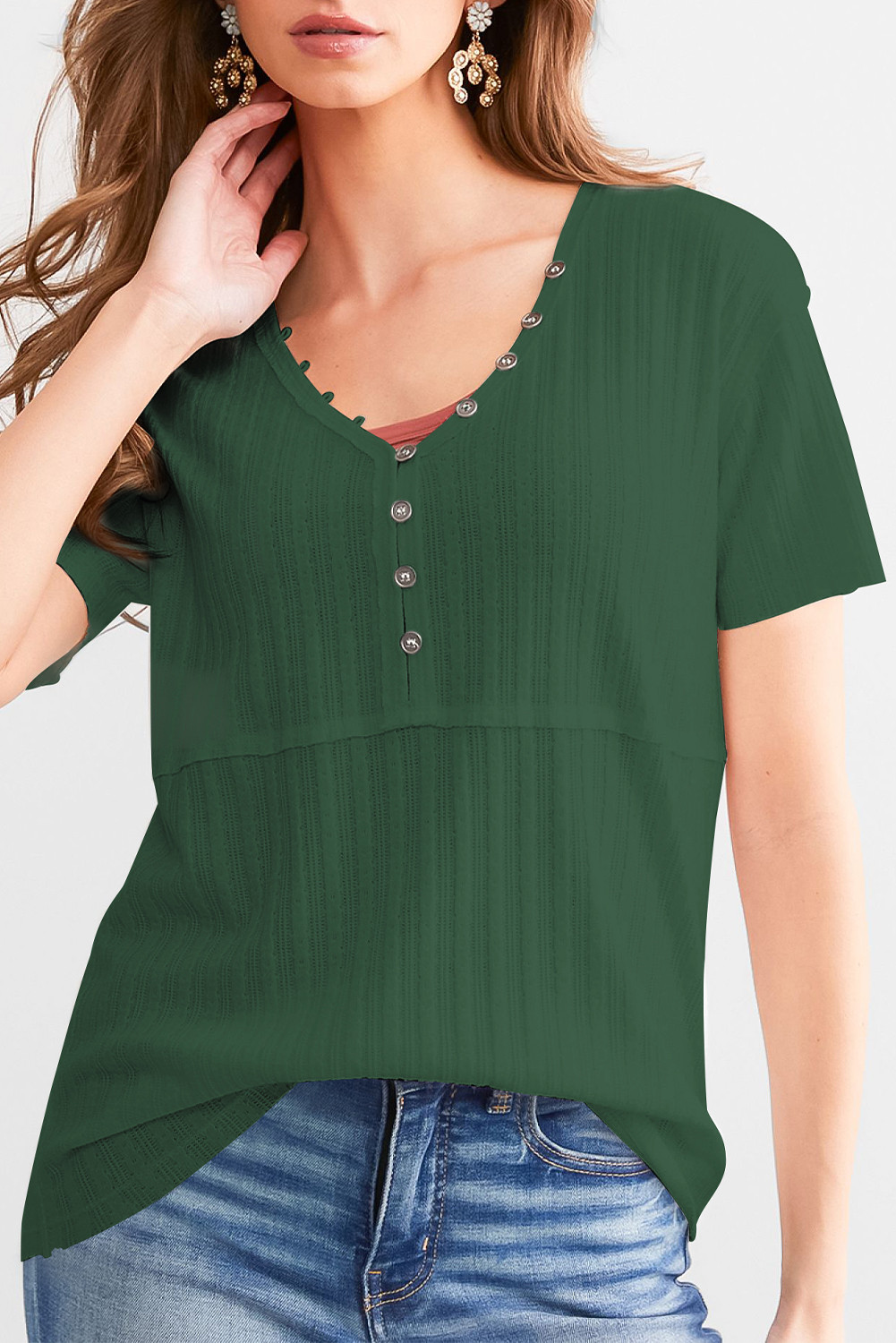 Blackish Green BKE Textured Knit Henley - Women_s Shirts Blouses_y