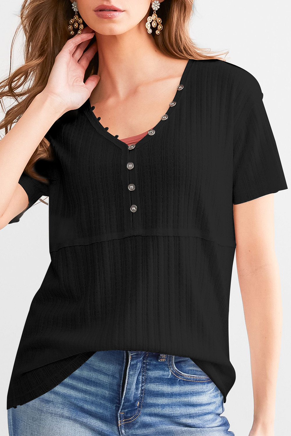 Black BKE Textured Knit Henley - Women_s Shirts Blouses_y