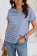 Sky Blue Stripe Women's Summer Striped Patchwork Notched Neck Batwing Short Sleeve Shirt