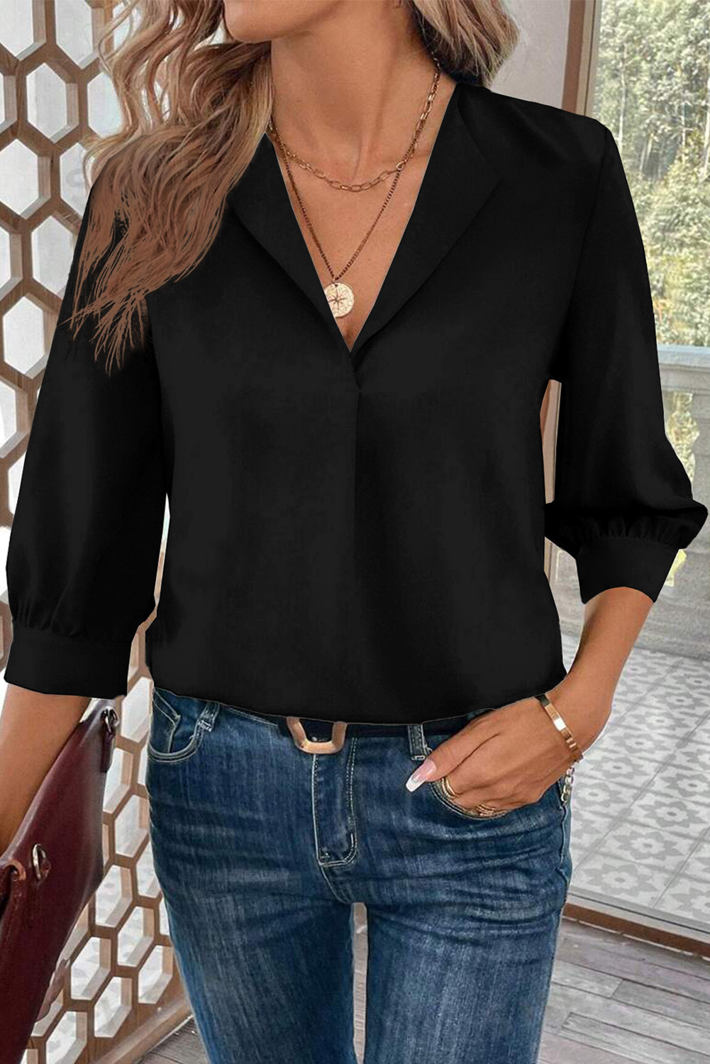 Black Women Simple And Fashionable Elegant Commuting Shirt With Turn-Down Collar And Three-Quarter Sleeves