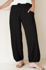 Black Shirred Wide Waistband Casual Textured Linen Pants