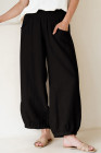 Black Shirred Wide Waistband Casual Textured Linen Pants