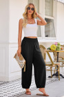 Black Shirred Wide Waistband Casual Textured Linen Pants