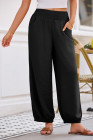 Black Shirred Wide Waistband Casual Textured Linen Pants