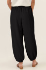 Black Shirred Wide Waistband Casual Textured Linen Pants