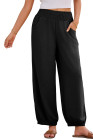 Black Shirred Wide Waistband Casual Textured Linen Pants