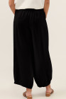 Black Shirred Wide Waistband Casual Textured Linen Pants