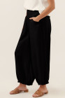Black Shirred Wide Waistband Casual Textured Linen Pants