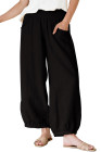 Black Shirred Wide Waistband Casual Textured Linen Pants