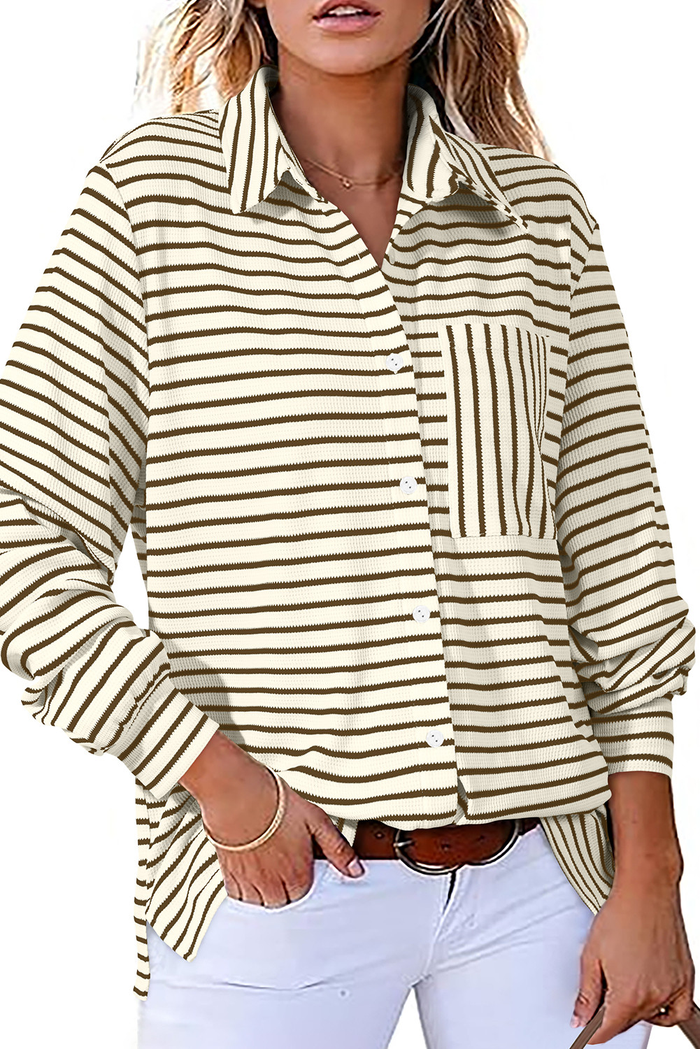 Brown Black Striped Collared Button Up Front Pocket Top