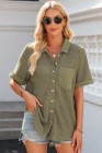 Four Leaf Clover Taupe Gauze Waffle Button Down Short Folded SleeveToP