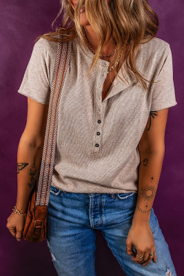Oatmeal Short Sleeve Half Button Ribbed Knit Top LC25227320-P1015