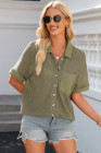Four Leaf Clover Taupe Gauze Waffle Button Down Short Folded SleeveToP
