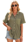 Four Leaf Clover Taupe Gauze Waffle Button Down Short Folded SleeveToP