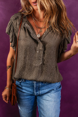 Moss Green Dotty Print Frilly Ruffle Trim Half Button Blouse LC25130453-P1609