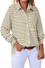 Brown Black Striped Collared Button Up Front Pocket Top