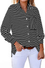 Black Striped Collared Button Up Front Pocket Top