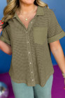 Four Leaf Clover Taupe Gauze Waffle Button Down Short Folded SleeveToP