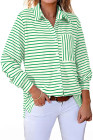 Blackish Green Black Striped Collared Button Up Front Pocket Top