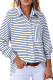 Navy Blue Black Striped Collared Button Up Front Pocket Top