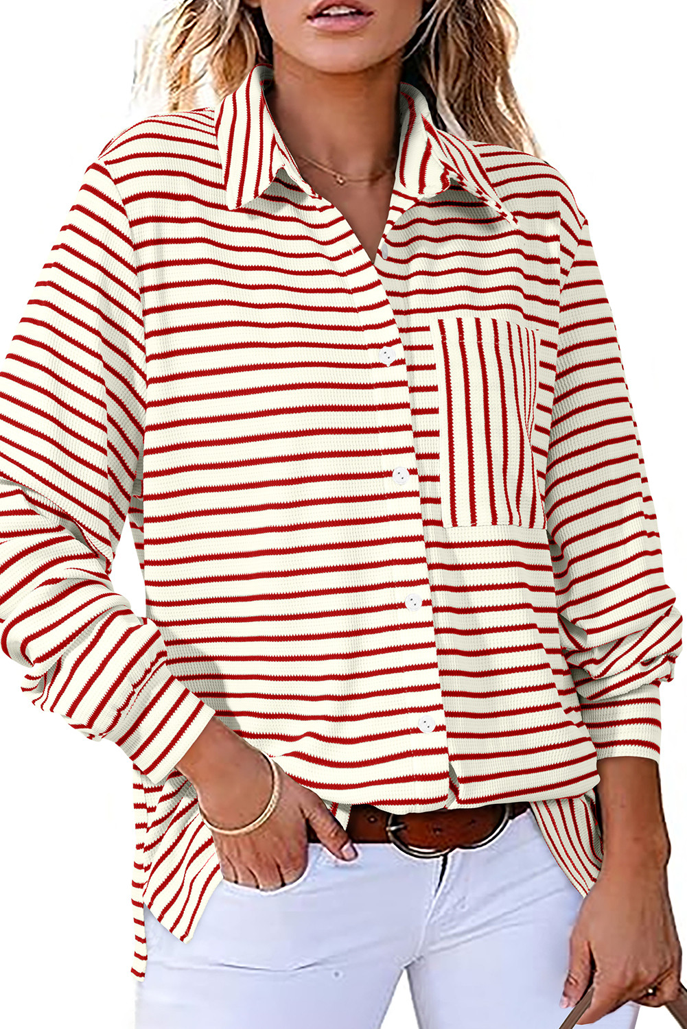 Fiery Red Black Striped Collared Button Up Front Pocket Top