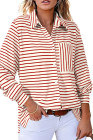 Fiery Red Black Striped Collared Button Up Front Pocket Top