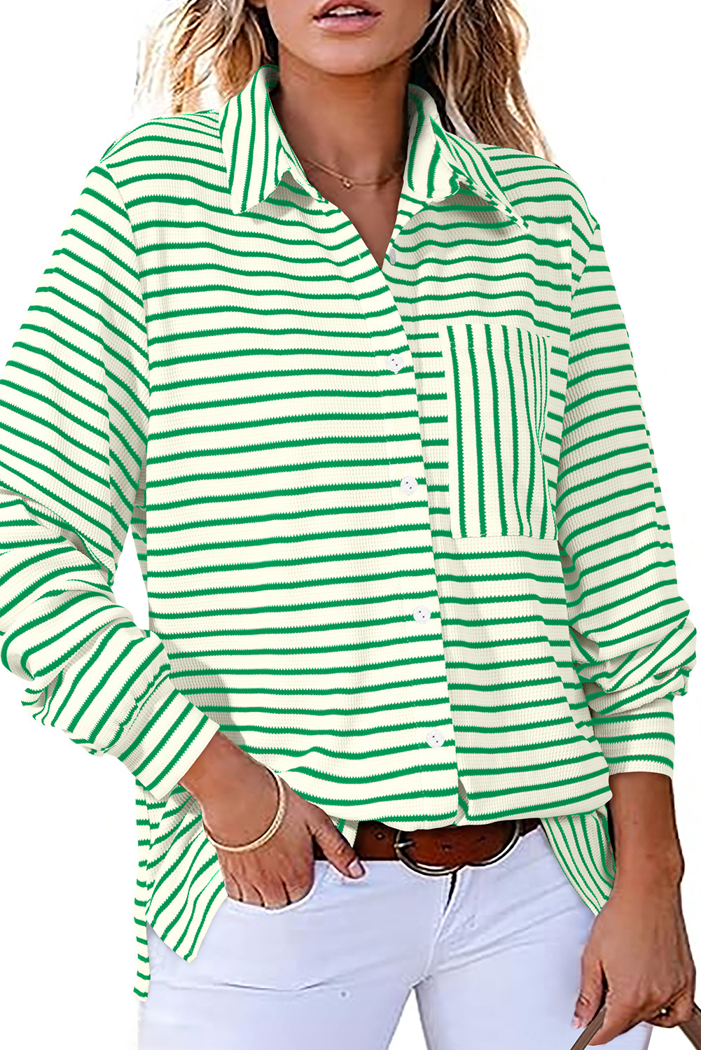 Blackish Green Black Striped Collared Button Up Front Pocket Top
