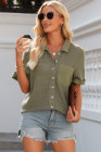 Four Leaf Clover Taupe Gauze Waffle Button Down Short Folded SleeveToP