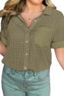 Four Leaf Clover Taupe Gauze Waffle Button Down Short Folded SleeveToP