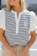 Black Stripe Button Split Neck Contrast Bubble Sleeve Blouse