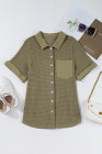 Four Leaf Clover Taupe Gauze Waffle Button Down Short Folded SleeveToP