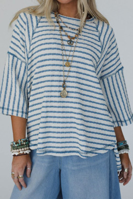 Sky Blue Stripe Exposed Seam Patchwork 3/4 Sleeve Loose Top LC25227218-P419