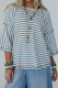 Sky Blue Stripe Exposed Seam Patchwork 3/4 Sleeve Loose Top