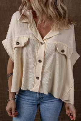 Beige Waffle Splicing Short Batwing Sleeve Flap Detail Shirt LC2556086-P15