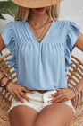 Beau Blue V Neck Pleated Ruffled Top
