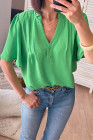 Bright Green Buttoned Frilled V Neck Loose Fit Blouse