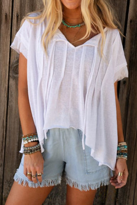 White Cotton Blend Short Sleeve Lace-up Neck Pleated Blouse LC25130696-P1