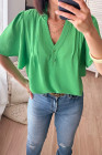 Bright Green Buttoned Frilled V Neck Loose Fit Blouse