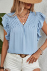 Beau Blue V Neck Pleated Ruffled Top