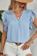Beau Blue V Neck Pleated Ruffled Top