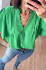 Bright Green Buttoned Frilled V Neck Loose Fit Blouse