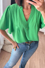 Bright Green Buttoned Frilled V Neck Loose Fit Blouse