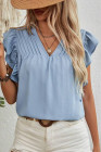 Beau Blue V Neck Pleated Ruffled Top