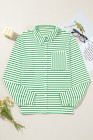 Blackish Green Black Striped Collared Button Up Front Pocket Top