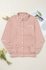 Fiery Red Black Striped Collared Button Up Front Pocket Top