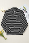 Black Striped Collared Button Up Front Pocket Top