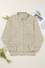Brown Black Striped Collared Button Up Front Pocket Top
